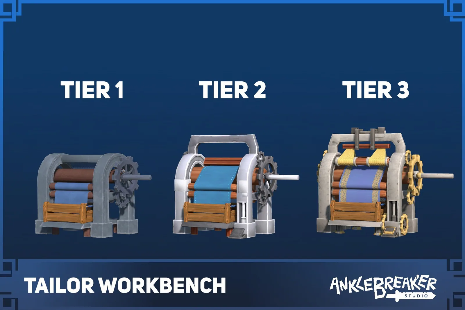 Tailor Workbench Key Art: drei Stufen eines Webstuhls mit Walzen, Kurbeln und Zahnrädern