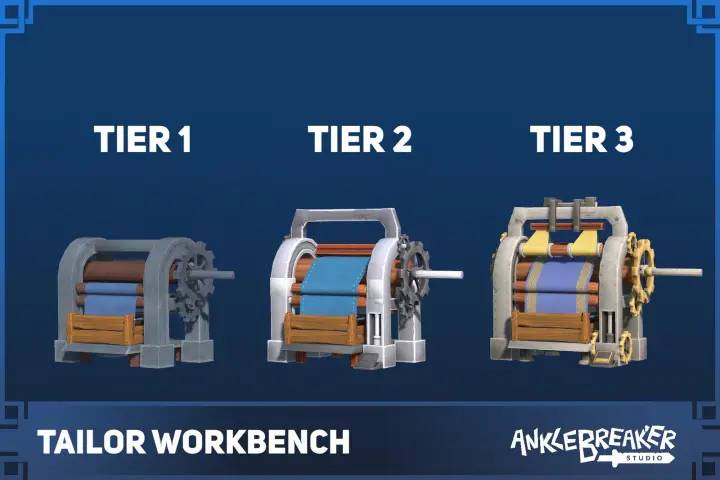 Tailor Workbench 主视觉：三个等级的织布机，带滚轴、摇柄和齿轮