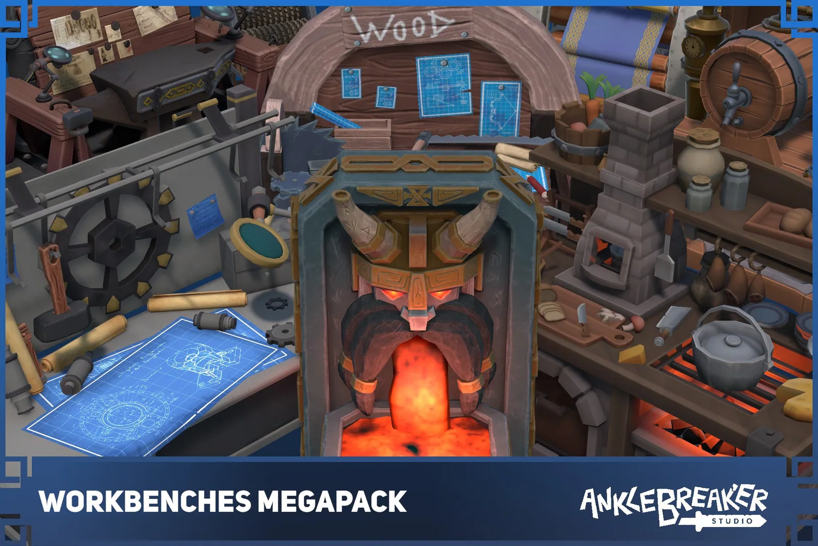 Workbenches Megapack key art: dwarf furnace surrounded by workbenches, barrels and blueprints