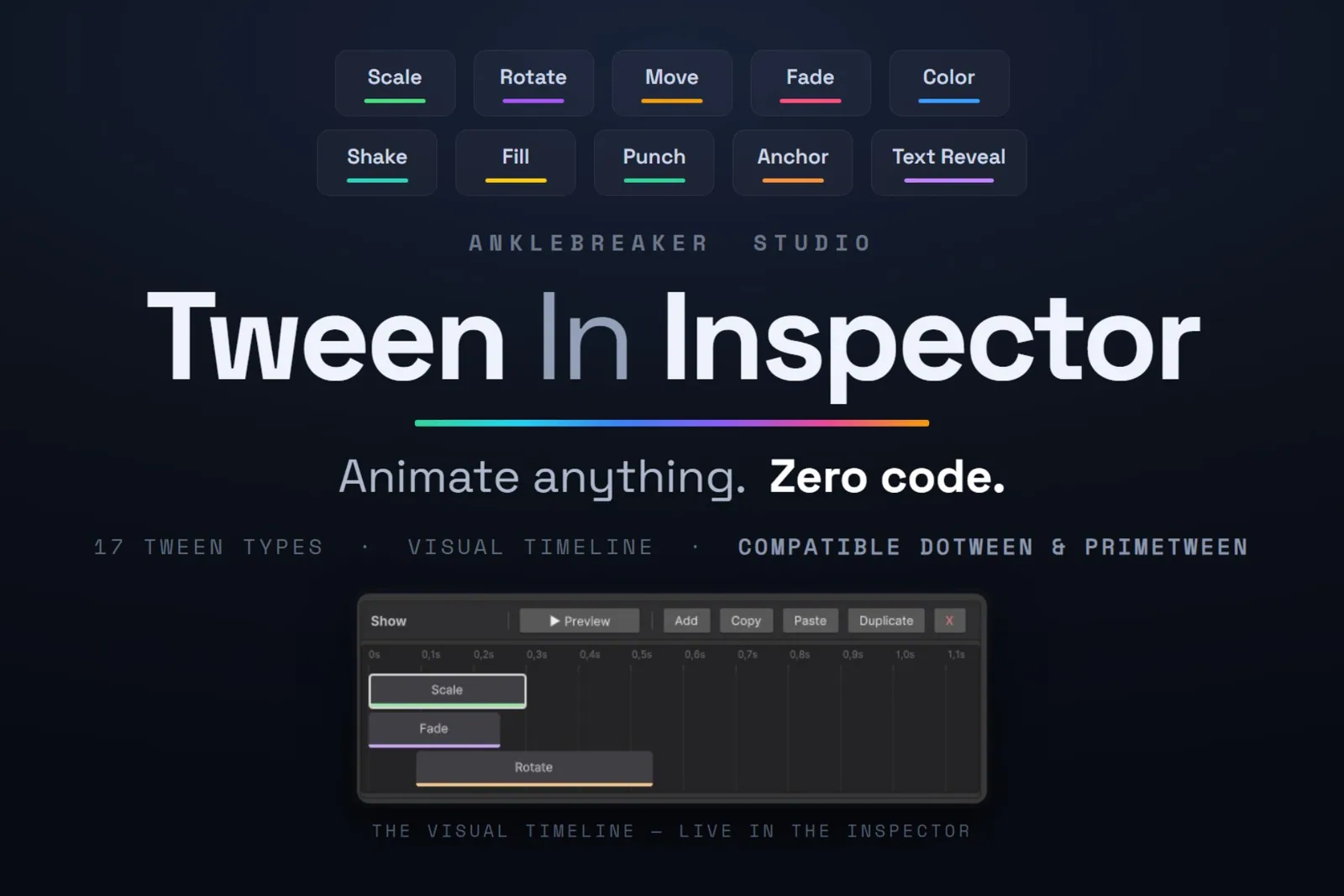 Tween In Inspector key art: tween type buttons above a visual timeline, animate with zero code