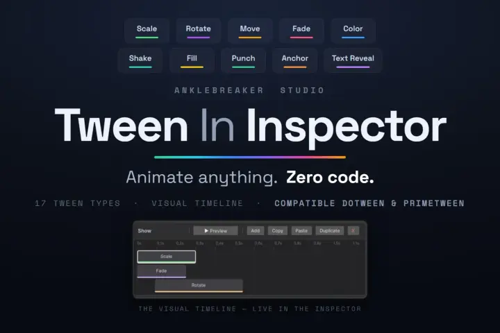 Tween In Inspector Key Art: Buttons für Tween-Typen über einer visuellen Timeline, animieren ohne eine Zeile Code