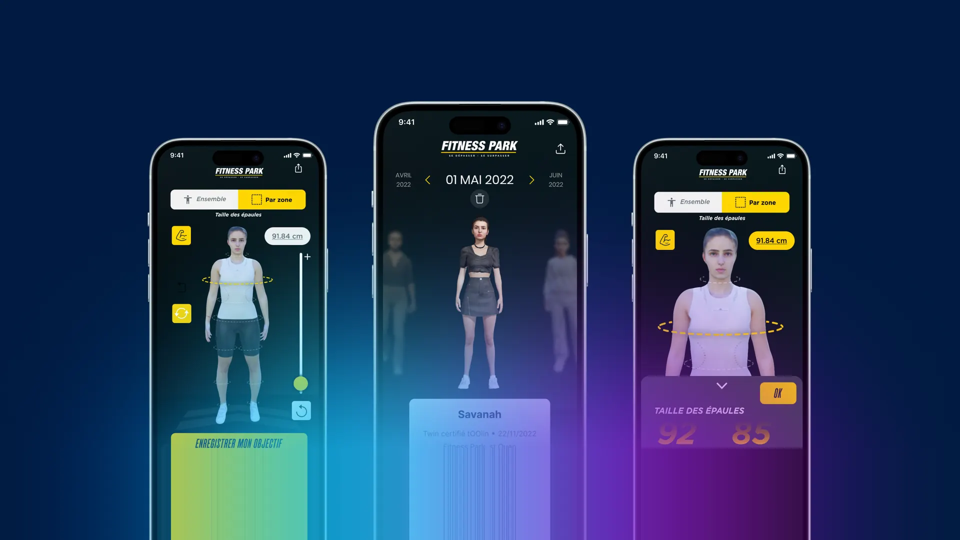 FitnessPark App 的三个界面，展示会员的 3D 虚拟形象和身体测量数据