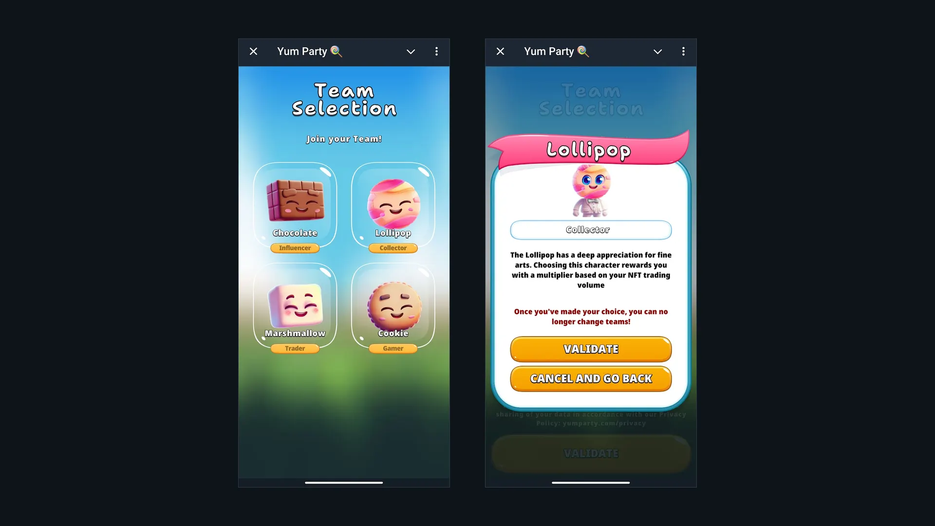 Telegram 中的 YumParty：包含 Chocolate、Lollipop、Marshmallow 和 Cookie 的队伍选择界面，以及 Lollipop 收藏家身份