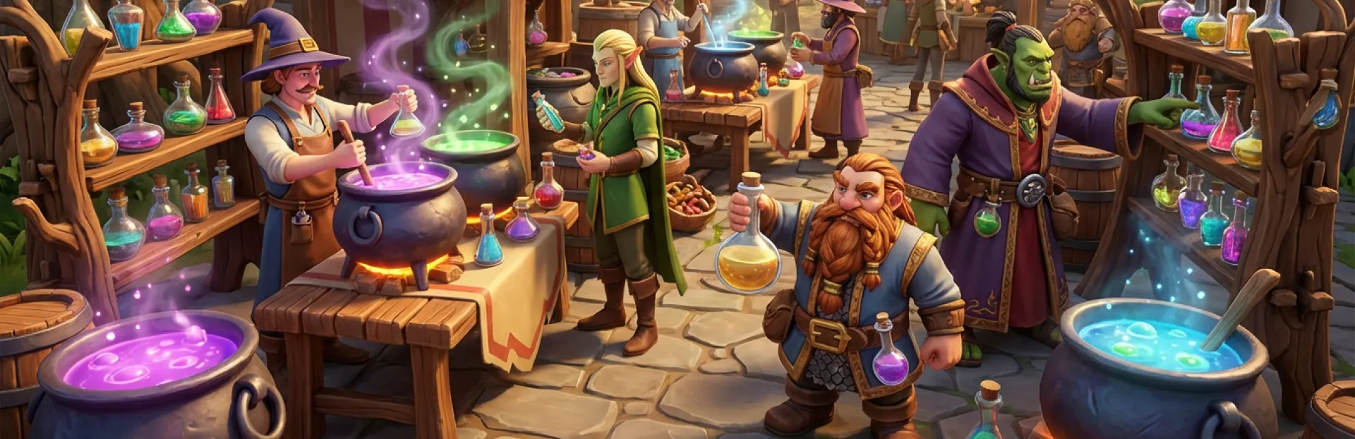 Key Art von Potion Together: vier Ladenbesitzer bei der Arbeit zwischen Kesseln und Trankregalen