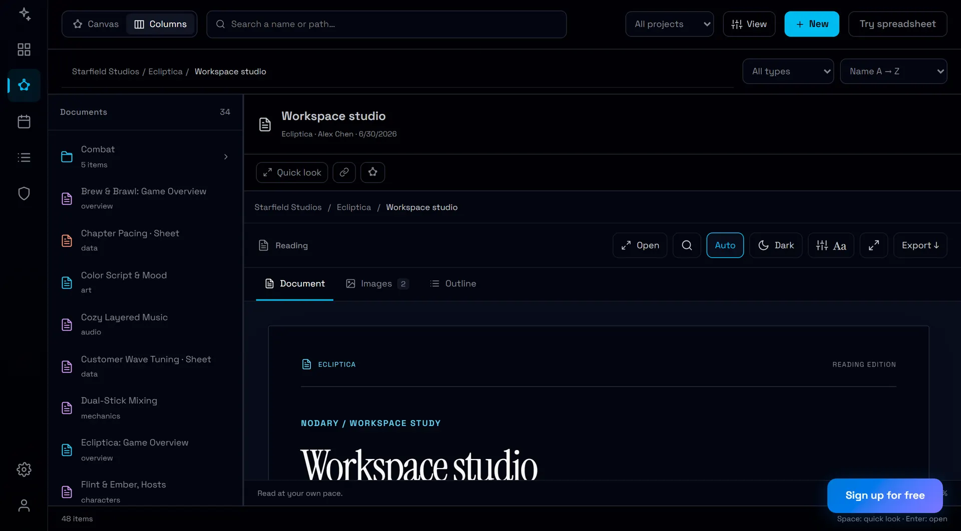 Nodary-Workspace: die Dokumente eines Projekts in Spalten, mit einer im Lesemodus geöffneten Spielübersicht
